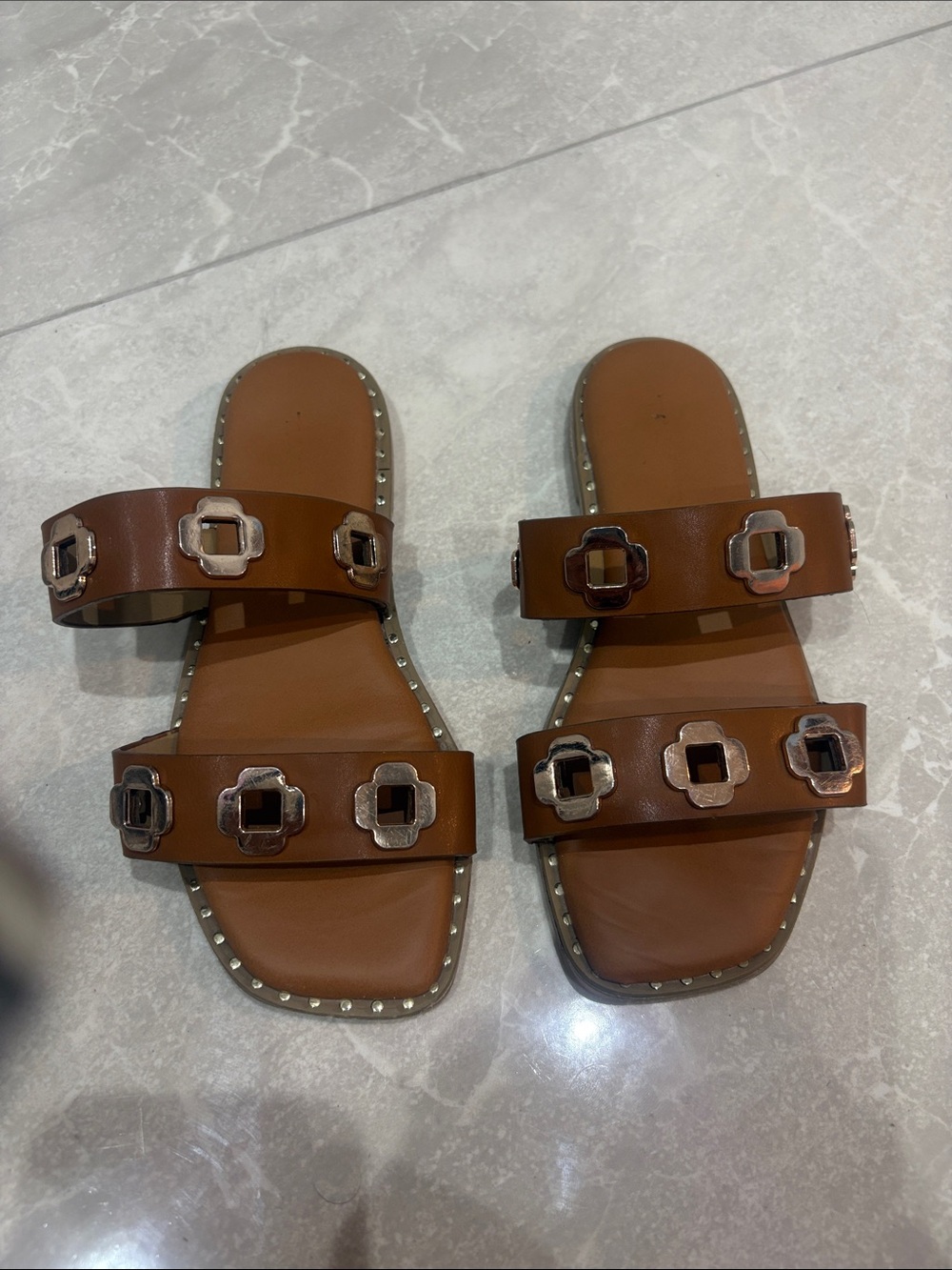 Tahari Brown Double-Strap Studded Slide Sandals